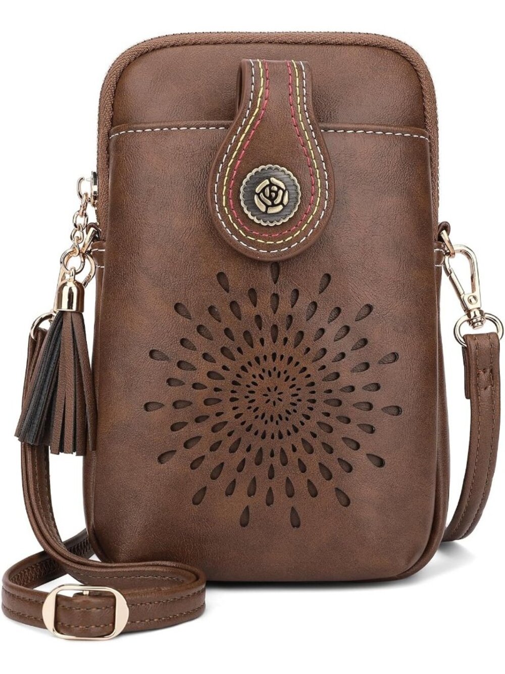 Women's Coffee Small Crossbody Bag Leather Phone Purse With Adjustable Strap